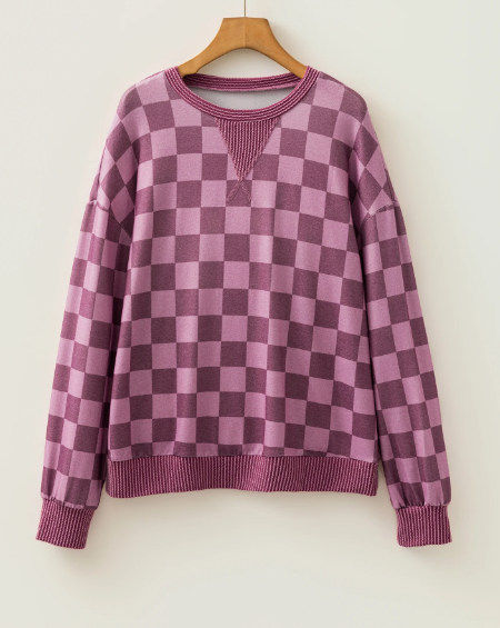 Shaylee Ribbed Trim Checkered Print Long Sleeve Pullover Top