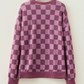 Shaylee Ribbed Trim Checkered Print Long Sleeve Pullover Top