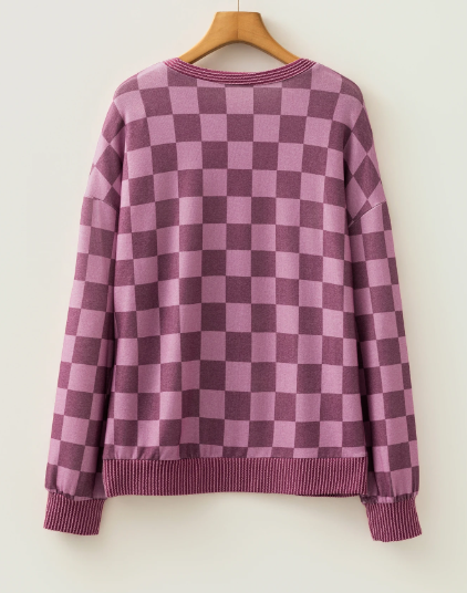 Shaylee Ribbed Trim Checkered Print Long Sleeve Pullover Top