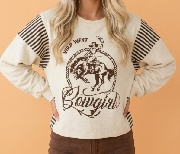 Cowgirl Western Print Striped Detail Long Sleeve Casual Top