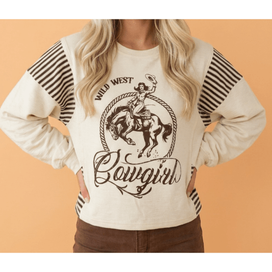 Cowgirl Western Print Striped Detail Long Sleeve Casual Top