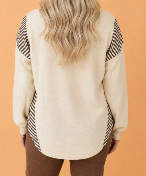 Cowgirl Western Print Striped Detail Long Sleeve Casual Top