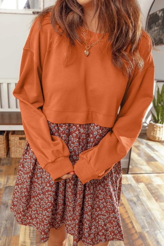 Charice Orange Solid Long Sleeve Top Patchwork Floral Flared 2-in-1 Mini Dress