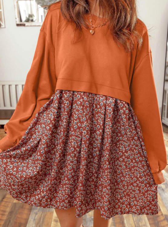 Charice Orange Solid Long Sleeve Top Patchwork Floral Flared 2-in-1 Mini Dress