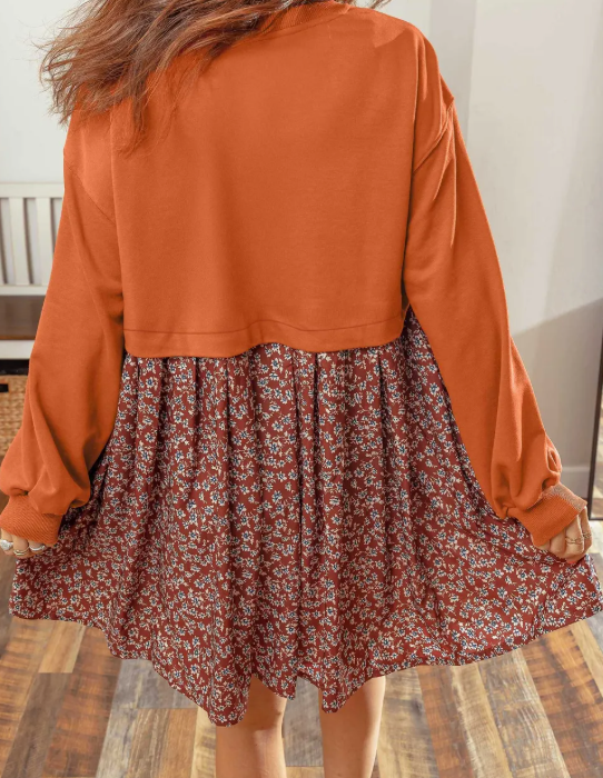 Charice Orange Solid Long Sleeve Top Patchwork Floral Flared 2-in-1 Mini Dress