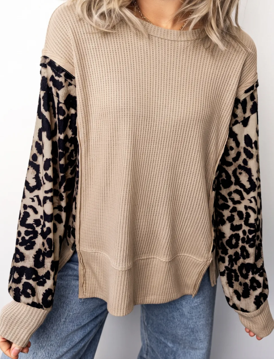 Desi Leopard Sleeve Waffle Knit Split Hem Top
