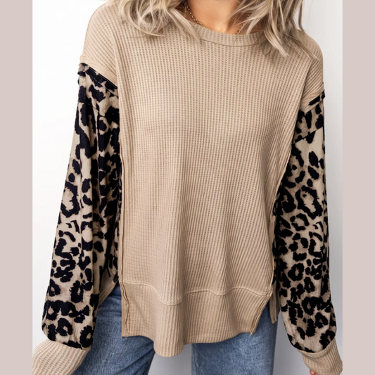 Desi Leopard Sleeve Waffle Knit Split Hem Top