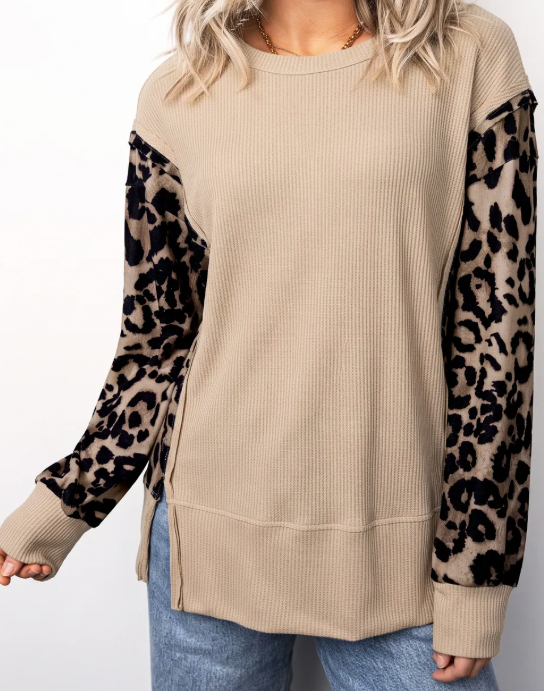 Desi Leopard Sleeve Waffle Knit Split Hem Top