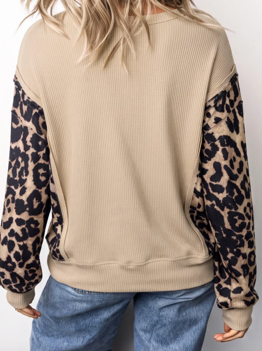 Desi Leopard Sleeve Waffle Knit Split Hem Top