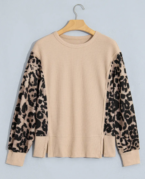 Desi Leopard Sleeve Waffle Knit Split Hem Top