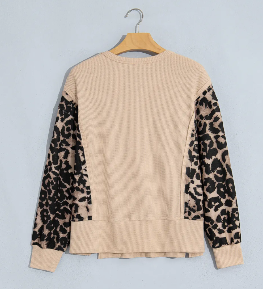 Desi Leopard Sleeve Waffle Knit Split Hem Top