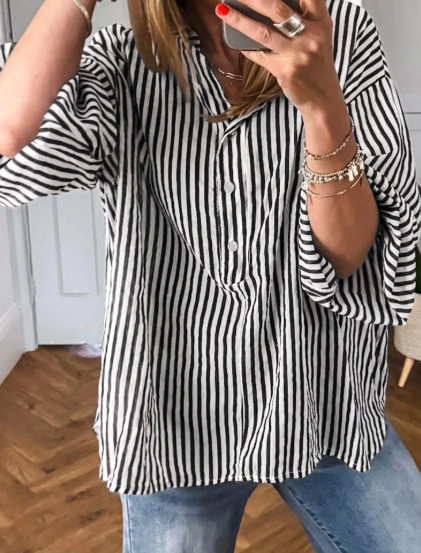 Emery Black Striped Half Sleeve Button-Up Shirt