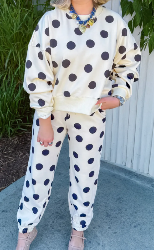 SALE!!!  Avi Polka Dot Print Drop Shoulder Pullover Drawstring Jogger Pant Set