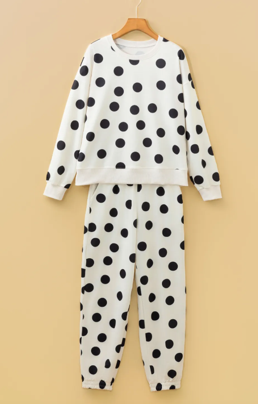 SALE!!!  Avi Polka Dot Print Drop Shoulder Pullover Drawstring Jogger Pant Set