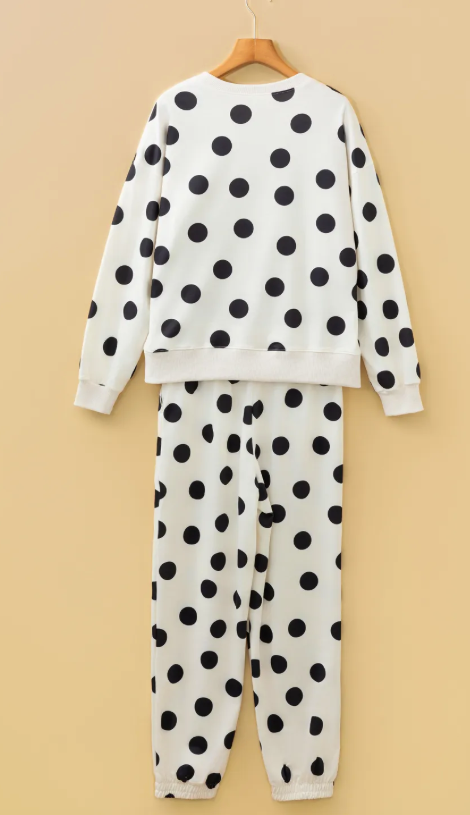 SALE!!!  Avi Polka Dot Print Drop Shoulder Pullover Drawstring Jogger Pant Set