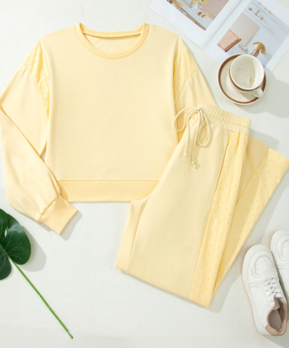 Fiona Yellow Cream Eyelet Embroidered Lace Patchwork Cropped Pullover Drawstring Pants Set