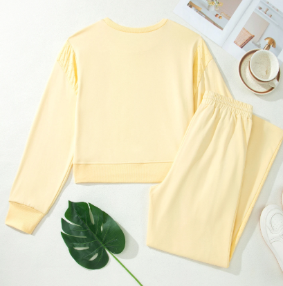Fiona Yellow Cream Eyelet Embroidered Lace Patchwork Cropped Pullover Drawstring Pants Set