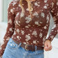 Amzie Brown Floral Print Sheer Mesh Long Sleeve Top