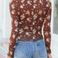 Amzie Brown Floral Print Sheer Mesh Long Sleeve Top