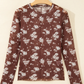 Amzie Brown Floral Print Sheer Mesh Long Sleeve Top