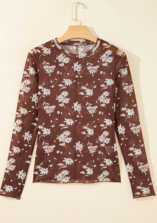 Amzie Brown Floral Print Sheer Mesh Long Sleeve Top