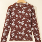 Amzie Brown Floral Print Sheer Mesh Long Sleeve Top