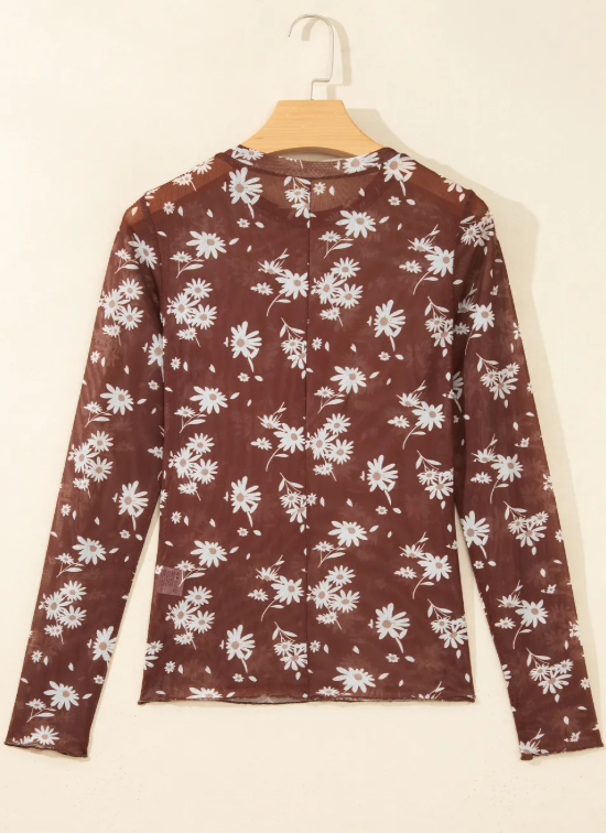 Amzie Brown Floral Print Sheer Mesh Long Sleeve Top