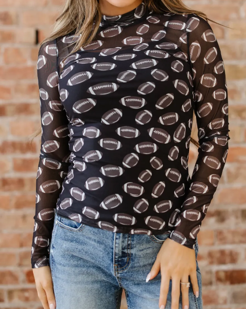Black Football Game Day Sheer Mesh Long Sleeve Top