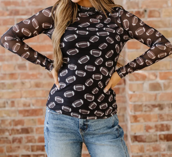 Black Football Game Day Sheer Mesh Long Sleeve Top