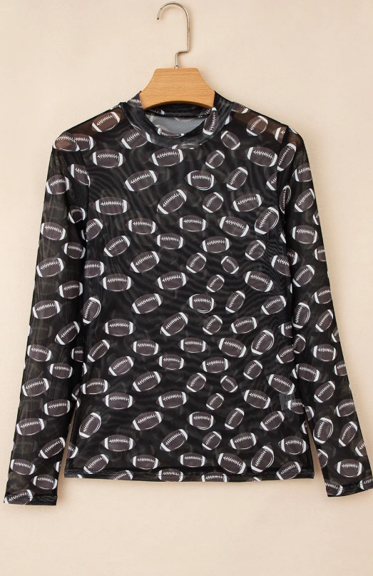 Black Football Game Day Sheer Mesh Long Sleeve Top