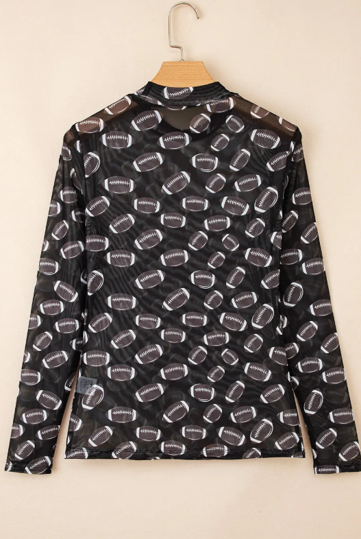Black Football Game Day Sheer Mesh Long Sleeve Top