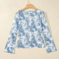 Cinni Sky Blue Long Sleeve Leopard Print Round Neck Sheath Top