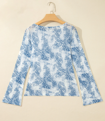 Cinni Sky Blue Long Sleeve Leopard Print Round Neck Sheath Top