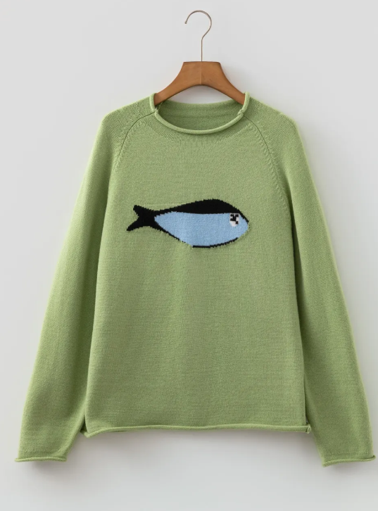 Clarissa Mist Green Unique Fish Knit Oversized Round Neck Sweater