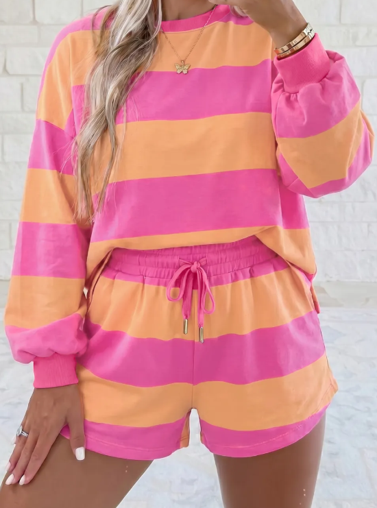 Dion Pink Stripe Long Sleeve Casual Top Drawstring Shorts 2pcs Set
