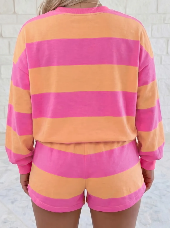 Dion Pink Stripe Long Sleeve Casual Top Drawstring Shorts 2pcs Set