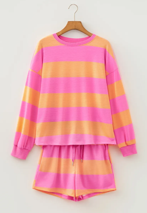 Dion Pink Stripe Long Sleeve Casual Top Drawstring Shorts 2pcs Set