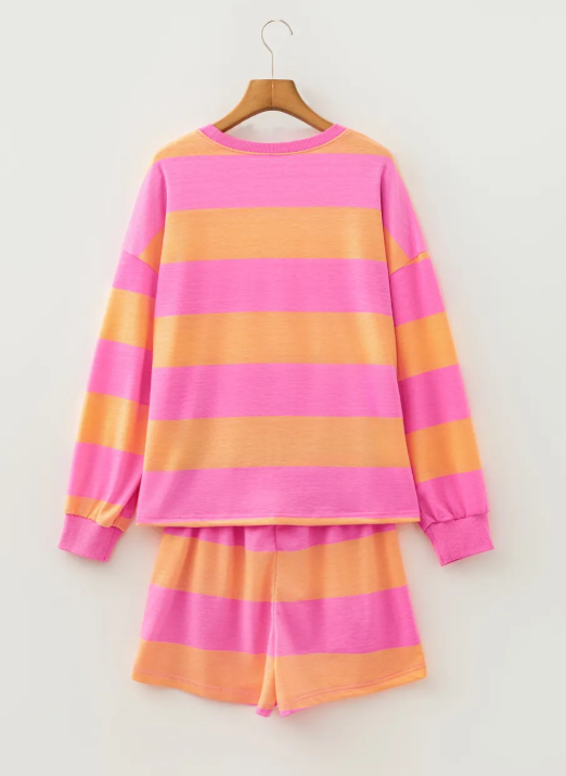 Dion Pink Stripe Long Sleeve Casual Top Drawstring Shorts 2pcs Set