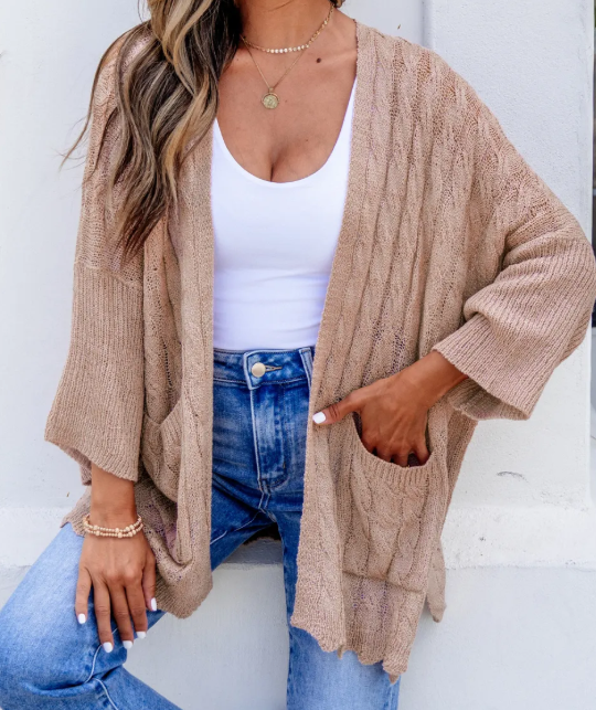 Francesca Khaki Drop Shoulder Crochet Knit Open Front Cardigan