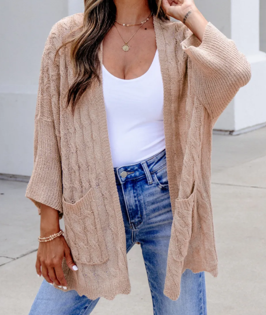 Francesca Khaki Drop Shoulder Crochet Knit Open Front Cardigan