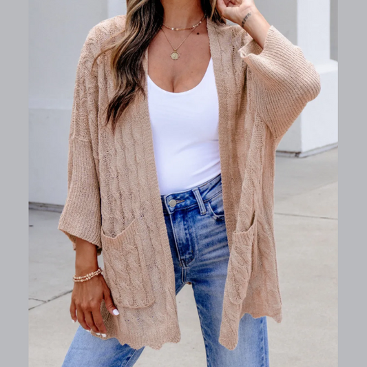 Francesca Khaki Drop Shoulder Crochet Knit Open Front Cardigan