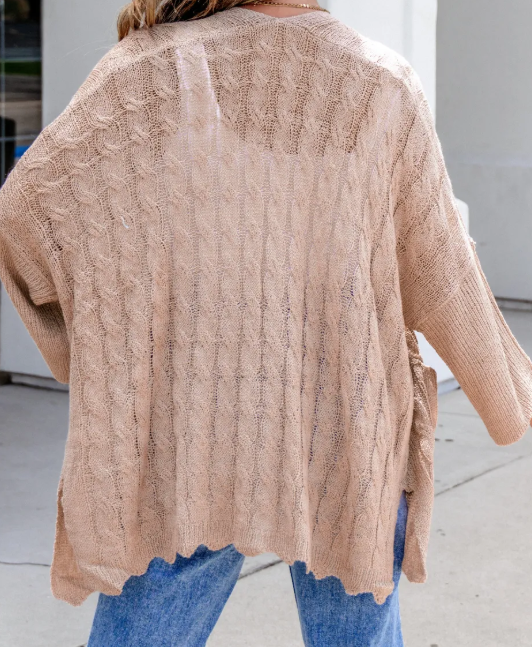 Francesca Khaki Drop Shoulder Crochet Knit Open Front Cardigan