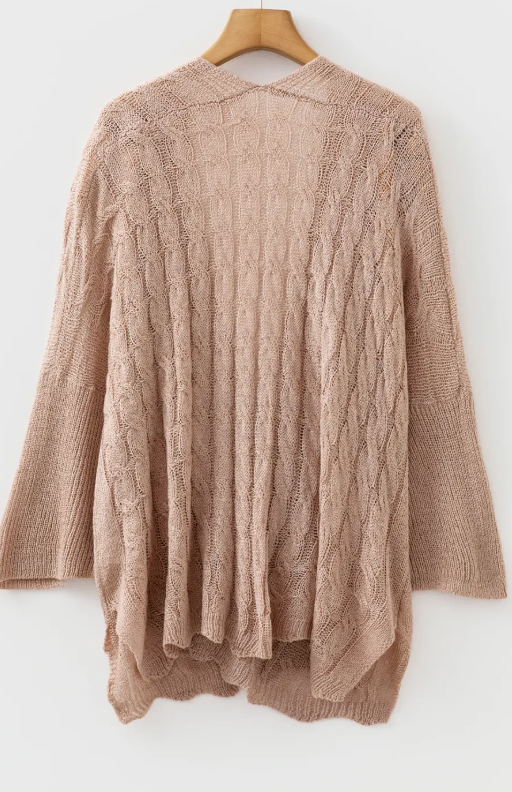 Francesca Khaki Drop Shoulder Crochet Knit Open Front Cardigan