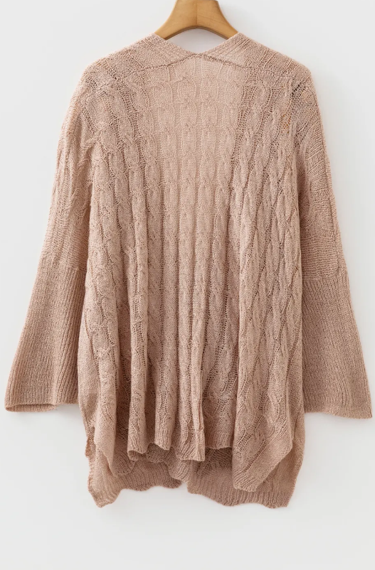 Francesca Khaki Drop Shoulder Crochet Knit Open Front Cardigan