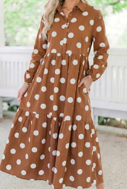 Kerri Brown Polka Dot Button Front Long Sleeve Shift Dress