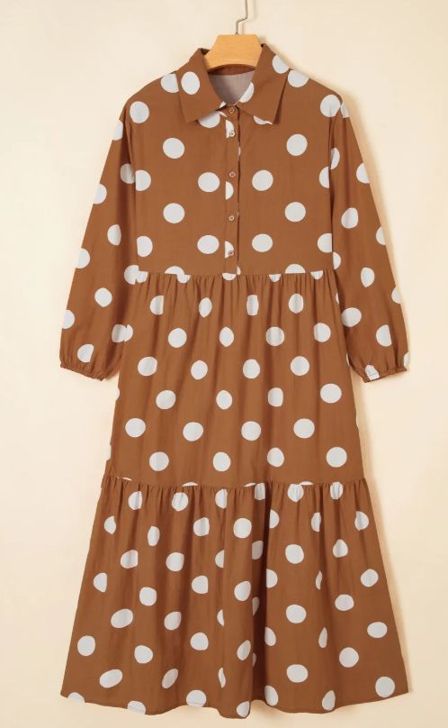 Kerri Brown Polka Dot Button Front Long Sleeve Shift Dress
