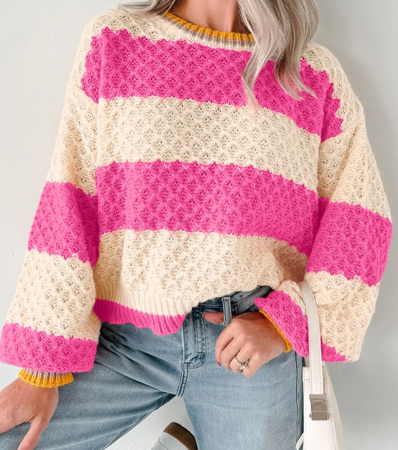 Shameera Pink Stripe Striped Colorblock Texture Drop Shoulder Sweater