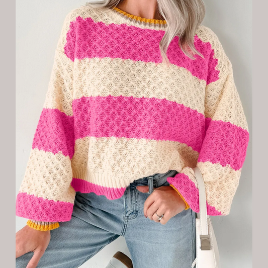 Shameera Pink Stripe Striped Colorblock Texture Drop Shoulder Sweater