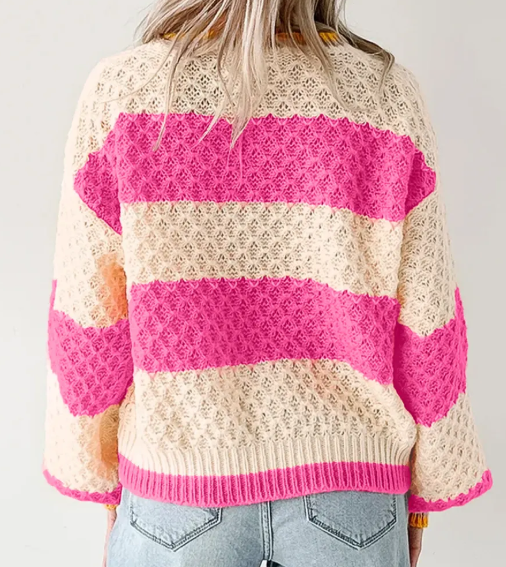 Shameera Pink Stripe Striped Colorblock Texture Drop Shoulder Sweater