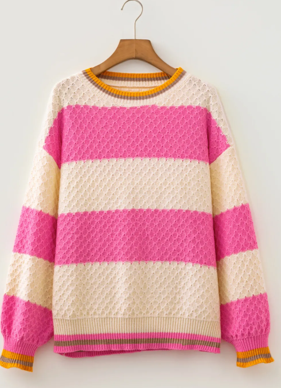 Shameera Pink Stripe Striped Colorblock Texture Drop Shoulder Sweater